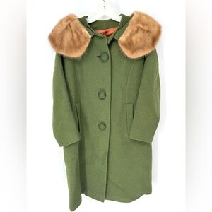 Friezette vintage tweed olive Green Pea Coat with Fur Collar 3/4 sleeves